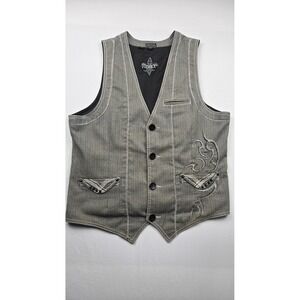 Roar Redemption Vest Mens Large Gray Pinstripe Embroidered Cross Studded Gothic
